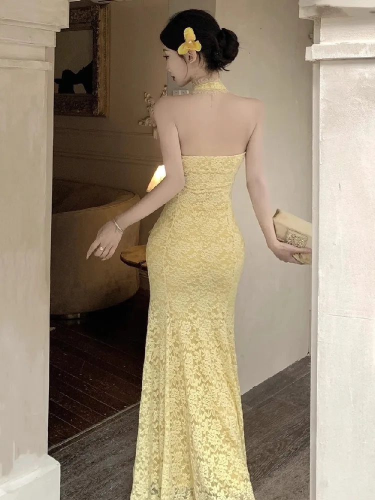 Cyflymder  Sexy Dresses Women Sleeveless Halter Backless Lace Patchwork Slim Stretch Hollow Out Backless Elegant Mermaid Dress Party