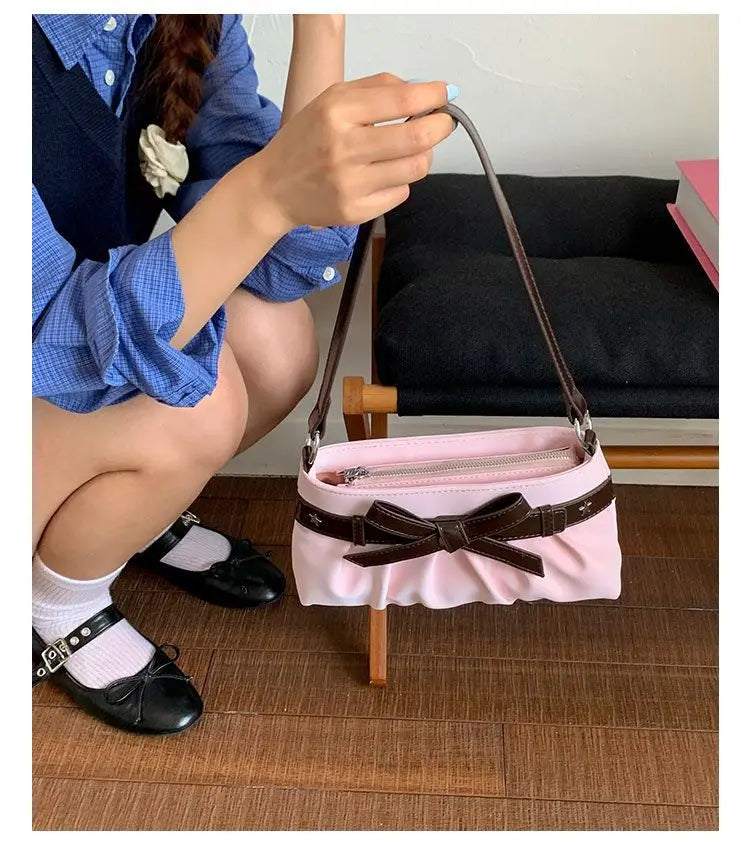 Cyflymder  Korean Hot Girl Bow Studded Handbag Women Simple Design Sweet Shoulder Bag Ladies Elegant Fashion Underarm Purse Y2k Aesthetic
