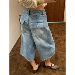 Cyflymder   American Retro Patchwork Cargo Cropped Shorts Women Breathable High Quality Loose Fit Button Closure With Pockets Light Color