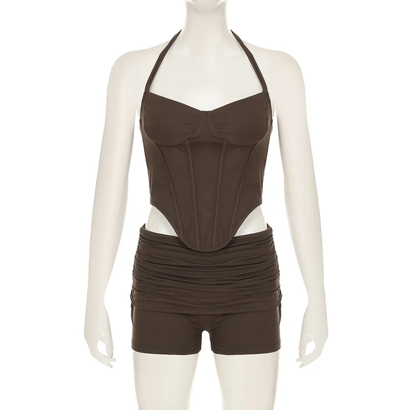 Cyflymder  Two Piece Set Lace Up Halter Backless Fishbone Corset Crop Top & Shorts Fashion Clubwear Women Streetwear Suit 2025 New