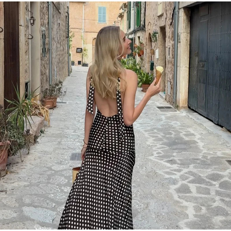 Cyflymder  Polka Dot Halter Backless Long Dress Women Off Shoulder V-neck Scarf Sexy Sleeveless Dresses 2025 Summer Street Holiday Robe