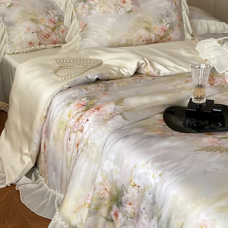 Cyflymder  Flower Prints Lace Ruffles Princess Bedding Set Lyocell Bamboo Fiber Soft Silky Cool Feeling Duvet Cover Bed Sheet Pillowcases