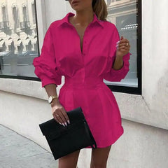 Cyflymder  Faionable Loose Long Sve Women's irt Waist-Cinching Midi Dr Trendy Street Sle Pure Color  Collar Button Detail
