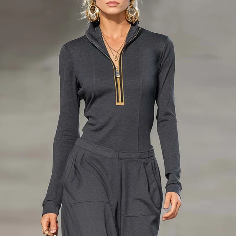 Cyflymder  Retro Solid Zipper Hooded Top Pullover+High Waist Pants Outfit Woman Sexy Stand Collar Overalls Suit Chic Long Sleeve Autumn Set