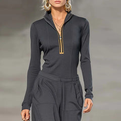 Cyflymder  Retro Solid Zipper Hooded Top Pullover+High Waist Pants Outfit Woman Sexy Stand Collar Overalls Suit Chic Long Sleeve Autumn Set