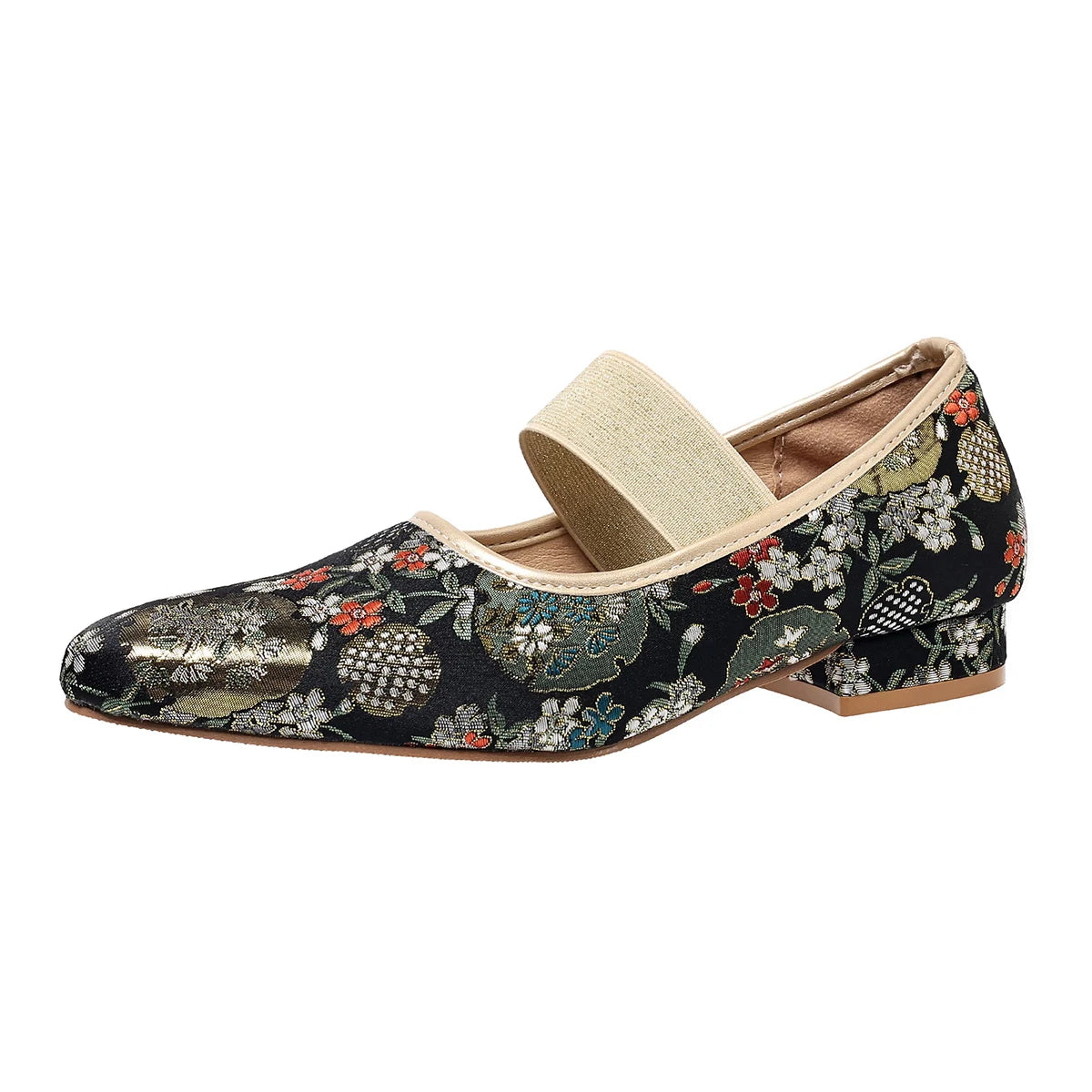 Cyflymder  Women's Low Heels Shoes Woman Elastic Band Point Toes PUmps Shallow Cloth Fabric Embroidery Women Ladies Square Heel Shoe