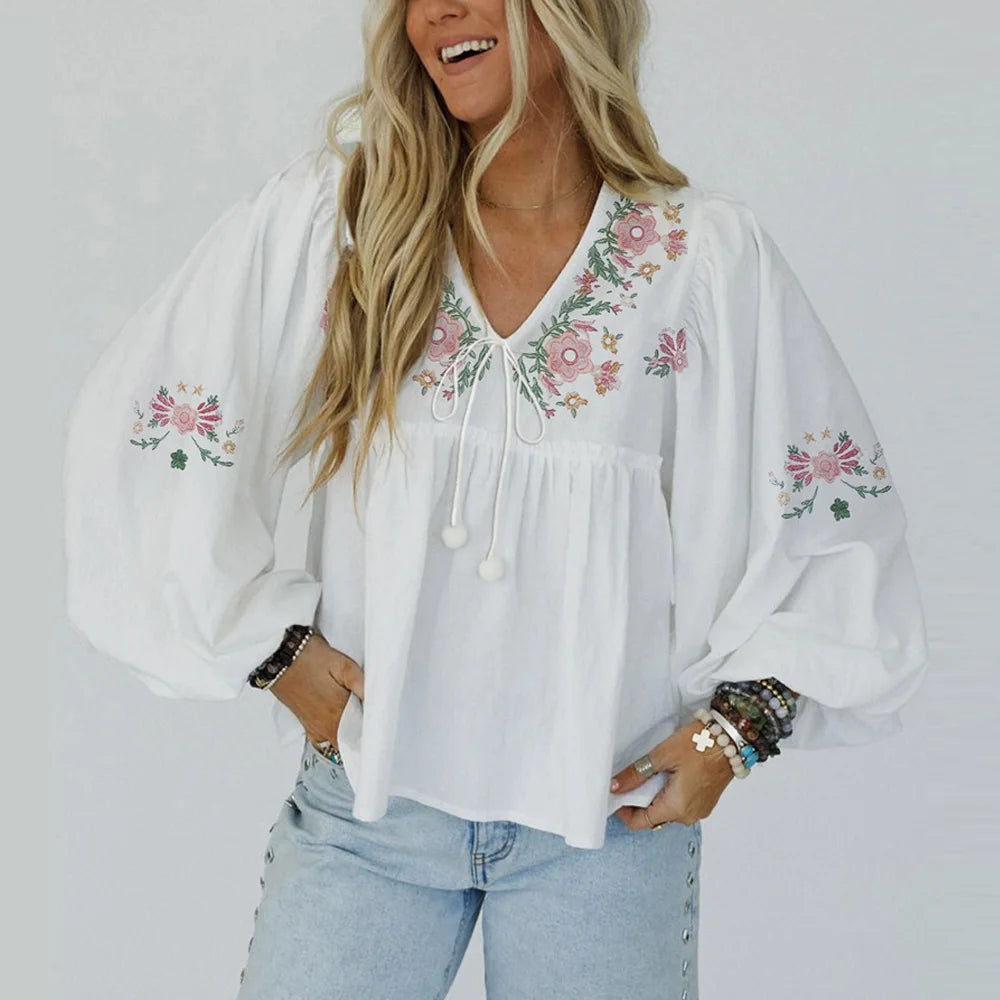 Cyflymder  White Lovely Blouses Shirts Women Puff Long Sleeve Floral Embroidery Pullover Top Autumn Blouse Boho Beach Blusas Ladies Tops
