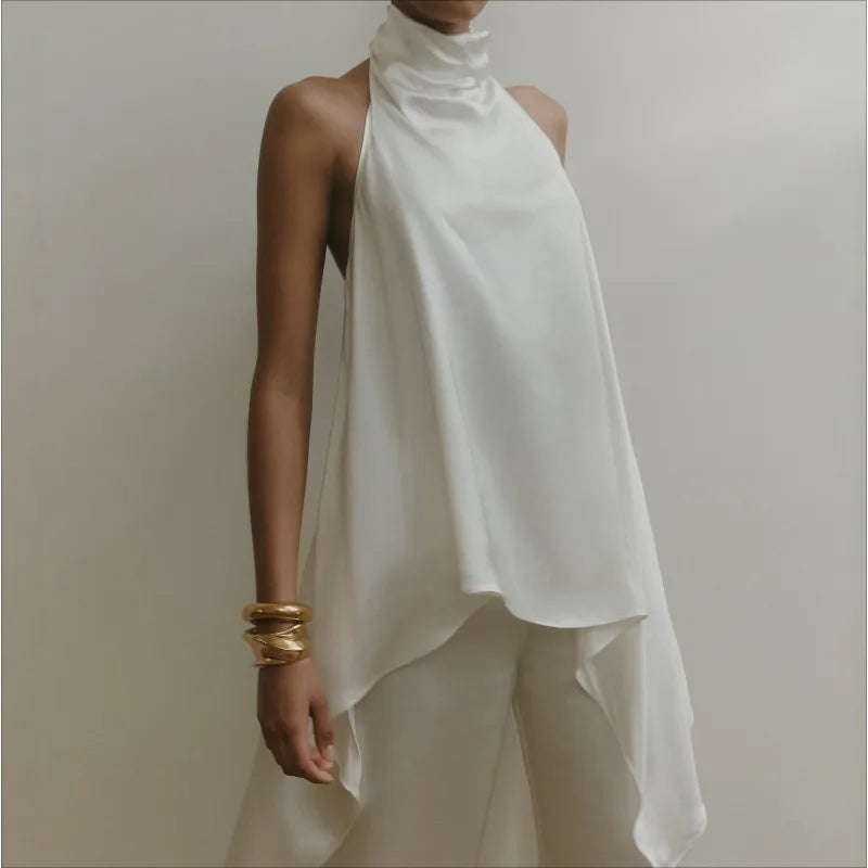 Cyflymder  Women's New Satin Neck Irregular Top Ice Silk Sleeveless Vest Temperament Celebrity Shirt