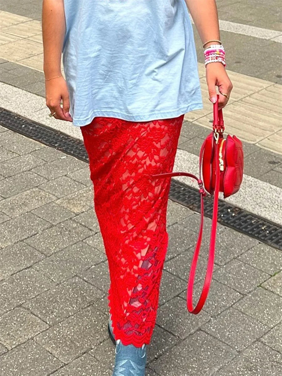 Cyflymder  Women's Summer Lace Long Skirts Elegant Low Waist Solid Color See-Through Midi Skirts Slim Fit Skirts