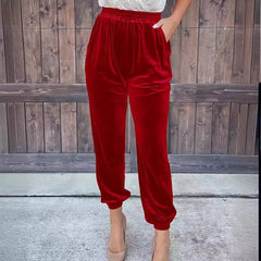 Cyflymder  Elastic Waist Straight Leg Pants Women's Casual Trousers Polyester Fiber l Waist Patchwork Mid-aged Women's Pants