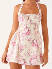 Cyflymder  Women s Boho Floral Print Halter Neck Sleeveless Backless Mini Dress with Tie Front Detail and  Fit Silhouette