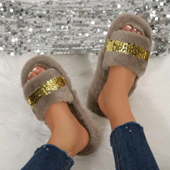 Cyflymder  Fashion Gold Glitter Faux Fur Indoor Slippers Women Winter Comfortable Flat Heel Furry Home Slippers Women's Warm Plush Slides