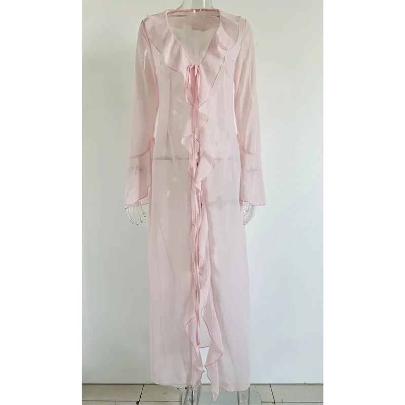 Cyflymder   Vintage Ruffled V Neck Beach Cover Up Women Casual Solid Flare Sleeve Bikini Cover Up New Vacation Lady Sunscreen Beachwear