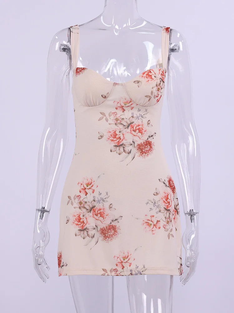 Cyflymder  Floral Mesh Straps Mini Dresses Women Summer Sexy Low Cut Empire Bodycon Vestidos Beach Holiday Print Short Dress