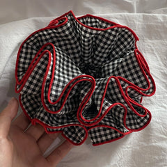 Cyflymder  1PC Black And White Gingham Hair Scrunchie With Red Trim, Large Voluminous Hair Tie, Stylish Hair Accessory For Women