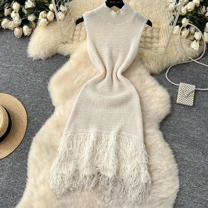 Cyflymder  Sexy Dress Women Sleeveless Hollow Out Patchwork Tassel Slim Bodycon Knitted Short Dresses