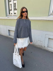 Cyflymder  Y2K Vintage Simple gray knitted pullover with a half-open collar and loose short sleeves women sweater Winter Daily Chic Sweater