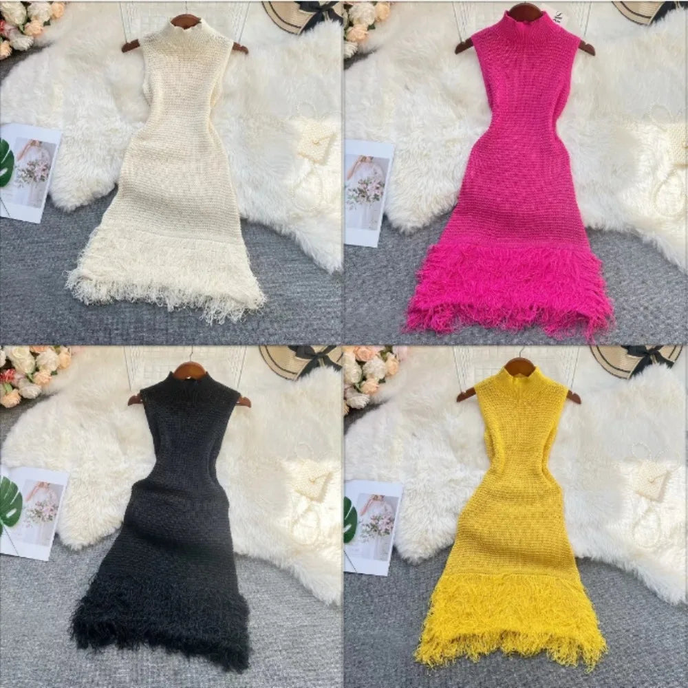 Cyflymder  Sexy Dress Women Sleeveless Hollow Out Patchwork Tassel Slim Bodycon Knitted Short Dresses