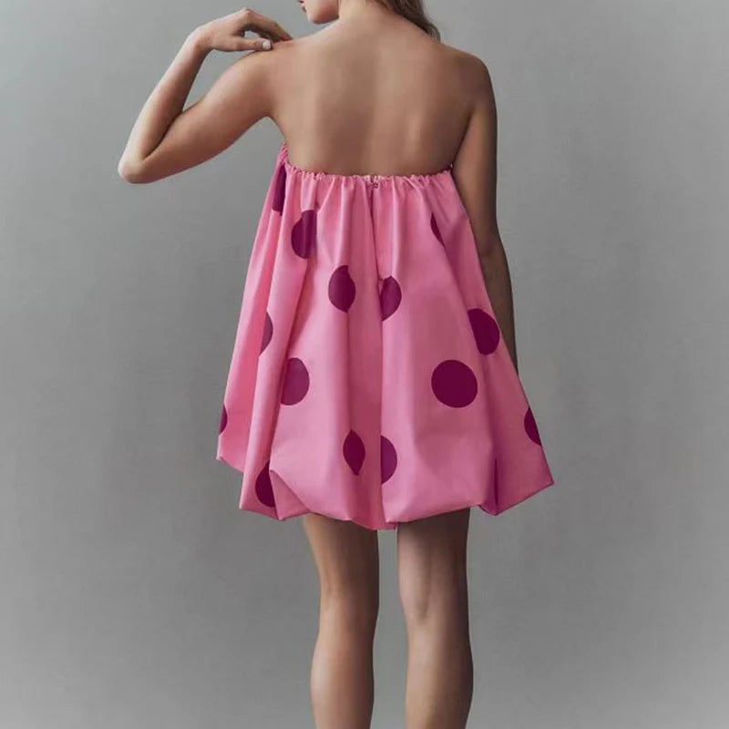 Cyflymder  Women Elegant Hight Waist Loose A-Line Dress Sexy Off Shoulder Strapless Short Dress Retro Polka Dot Print Sleeveless Mini Dress