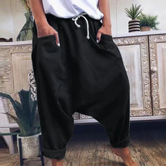 Cyflymder  Women Harem Pants Cotton Drawstring Waist Harem Trousers Wide Leg Drop Crotch Pants Hip Hop Side Pockets Baggy Pants Rolled Cuff
