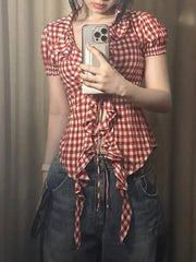 Cyflymder  American Sle Vintage Sexy Slim Fit Ruffle ort Sve Women's irt Floral Print Bubble Sve Casual Summer Top