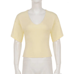 Cyflymder  Casual Basic V-Neck Solid Color Short Sleeve T-Shirts Women Elegant Waist-cinching Knitted All Match Top Tees Summer Daily Wear
