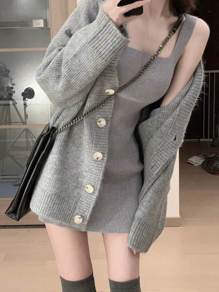 Cyflymder Gray 2 Piece Dress Set Women Casual Long Sleeve Cardigan + Bodycon Strap Sweater Dress Evening Party Knitted Suit