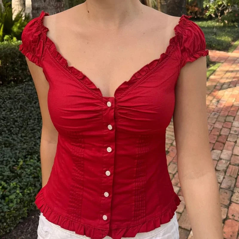 Cyflymder  Preppy Button Down Blouse Tops Y2k Vintage Cap Sleeve Women T-shirt 00s Fairy Frill V Neck Crop Tops Milkmaid Vest