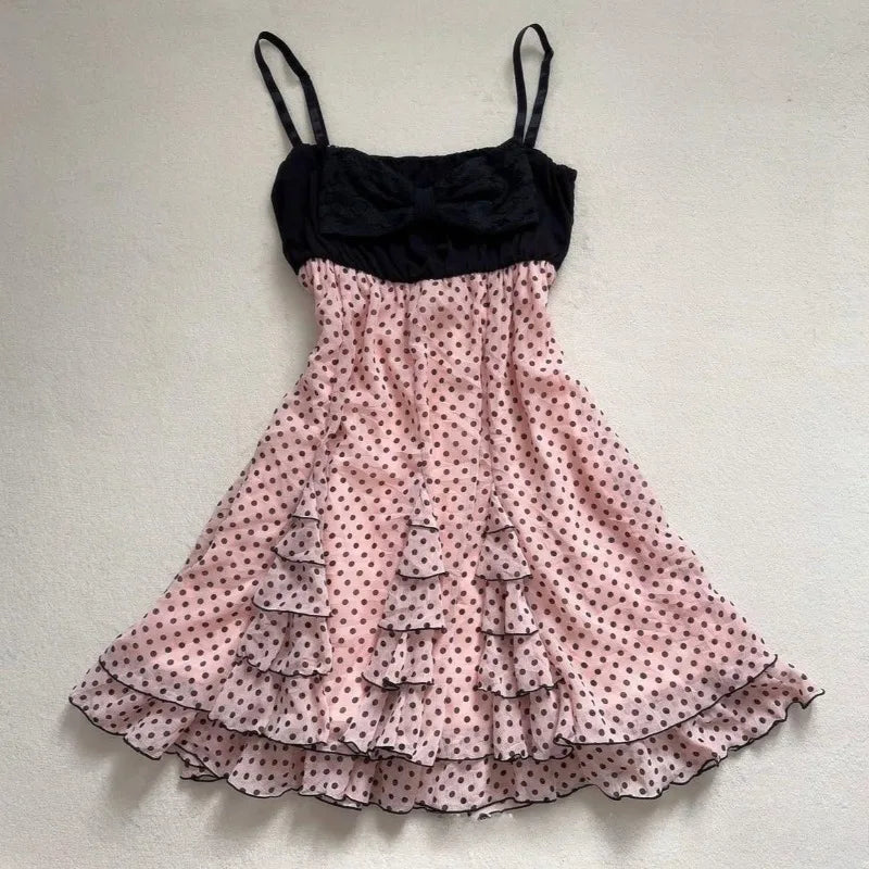 Cyflymder  New Sweet French Constrast Color All Match Sling Short Dress Harajuku Polka Dot Print A-line Clothes Y2k Spice Girl Punk Dress