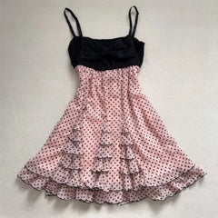 Cyflymder  New Sweet French Constrast Color All Match Sling Short Dress Harajuku Polka Dot Print A-line Clothes Y2k Spice Girl Punk Dress