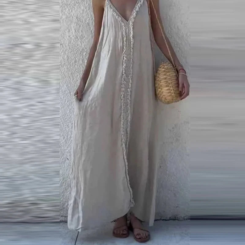 Cyflymder  New Summer Solid Color Loose Evening Dress Elegant V-neck Linen Vacation Style Dress Fashion Ruffles Sleeveless Long Sling Dress