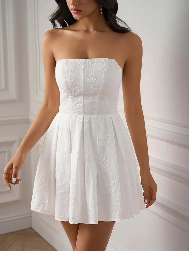 Cyflymder  Summer Tube Top Jacquard Mini Dress Sexy Off-Shoulder Open Back A-Line Shirred Women's Sexy Casual Beach Party Dress