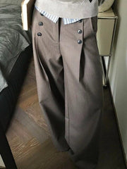 Cyflymder  Brown Wide Leg Women Suit Pants Vintage Button Pleated Old Money Style Straight Trousers Baggy A-Line Basic Casual