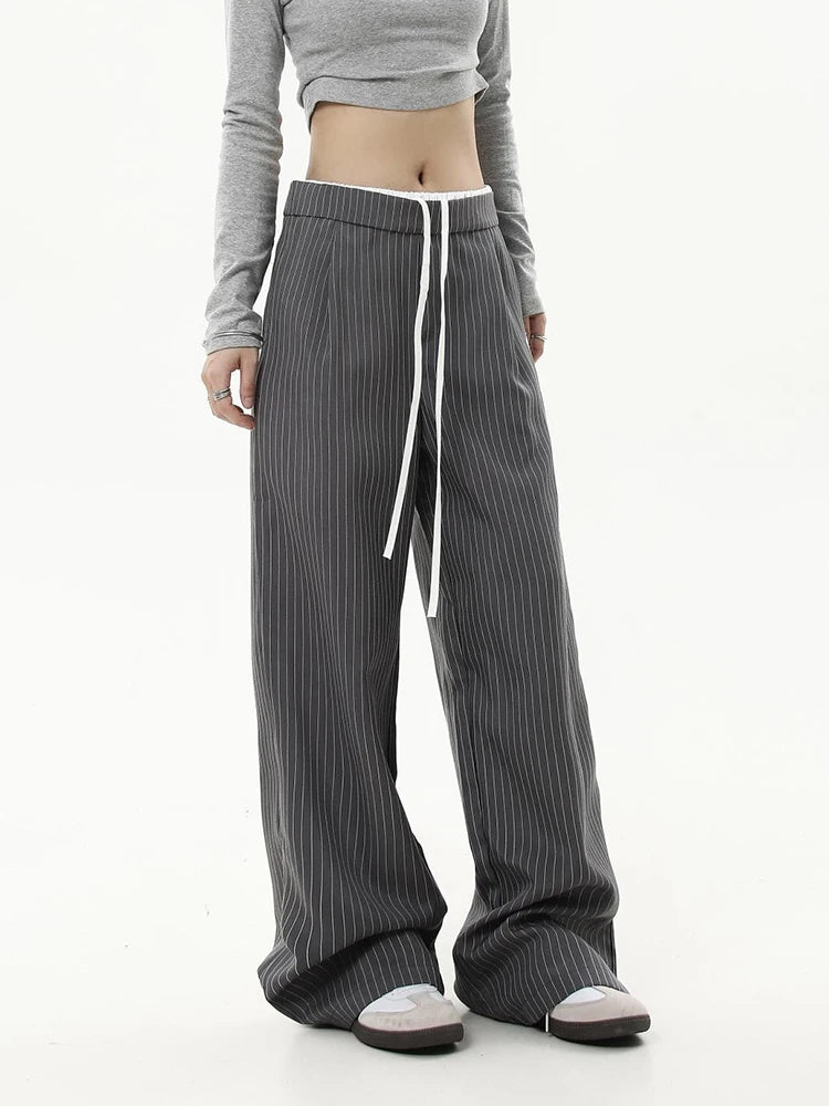Cyflymder  American Striped Wide Leg Pants Women High Waist Patchwork Vintage Trousers Casual Loose Female Retro Straight Pants New