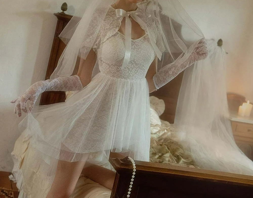 Cyflymder  Vintage Double-layer Perspective Mesh Nightdress Photo Cosplay Uniform Suit Wedding Dress
