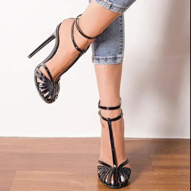 Cyflymder  High Heel Women Sandals Summer Black Stilettos Ankle Buckle Strap Ladies Casual Pumps PU Sexy Sandalias