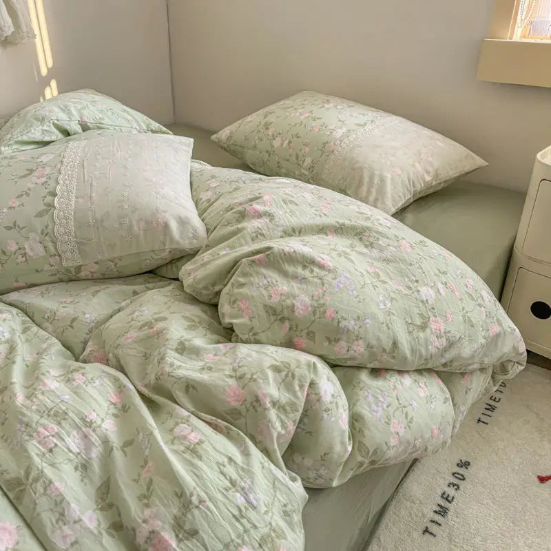 Cyflymder  INS French Style Fresh Floral Lace Trim Four-Piece Set Washed Cloud Cotton Quilt Cover Bed Sheet Dormitory Bed Sheet Sets
