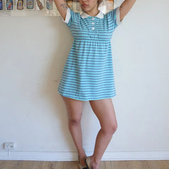 Cyflymder  Women Y2K Striped Mini Pol o Dress Short Sleeve Teal Grey Stripe Peter Pan Collar Nurse Style Retro Fairycore Dress Summer