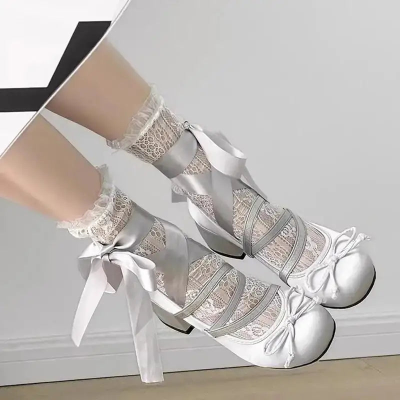 Cyflymder  Lolita Cross Strap Pink Round Toe Shoes Ladies Sweet Butterfly Knot Med Heels Mary Janes Shoes Women Fashion Party Shoes Mujer