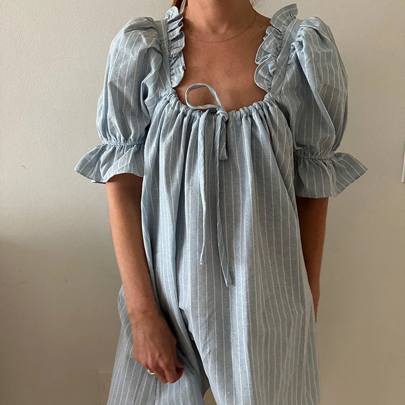 Cyflymder  Y2K Kawaii Short Puff Sleeves Mini Dress Vintage Square Neckline Tie Up Bodydall Dress Daily Party Club Loose Fit A-line Dress