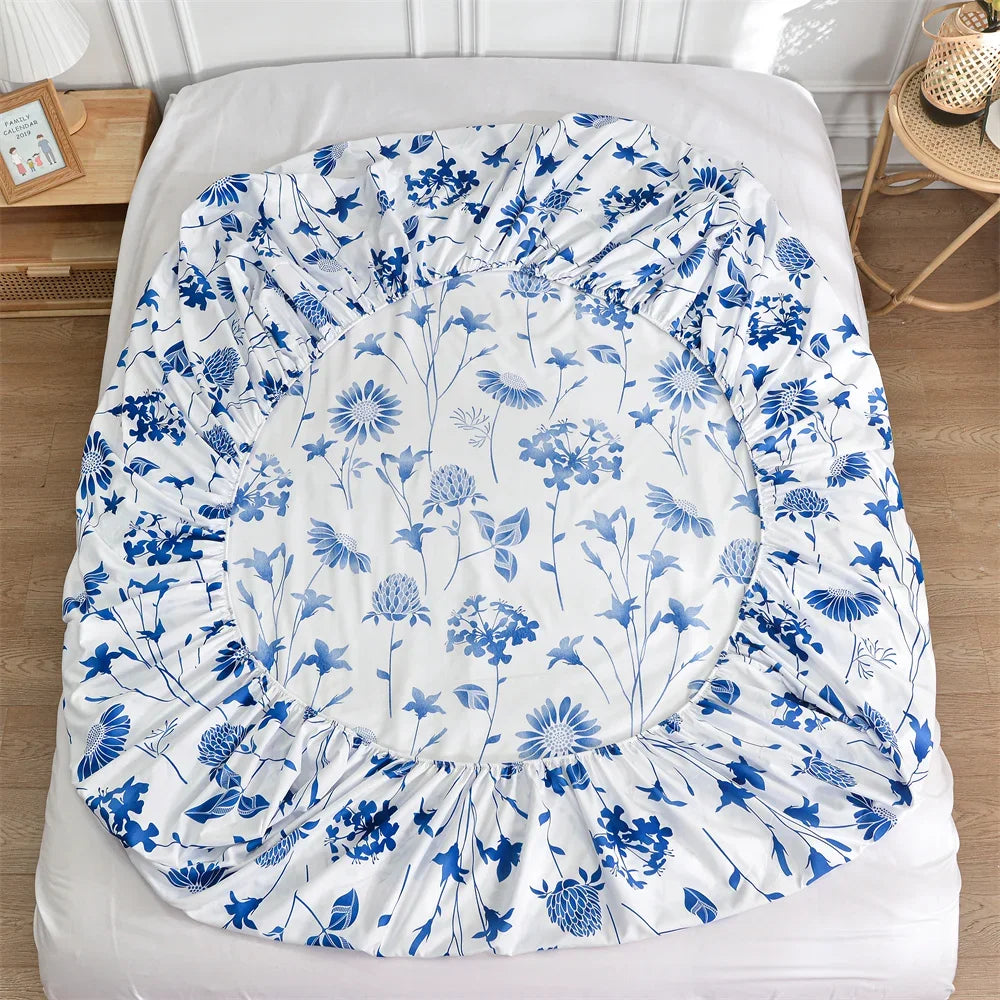 Cyflymder Twin Fitted Bed Sheet with Elastic Blue Flower Printed Bed Cover Single/Queen/King Bed Linen Reactive Printed Mattress Cover 180