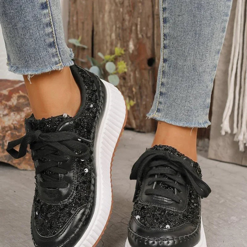 Cyflymder  Fashion Glitter Platform Sneakers Women Spring Lace Up Pink Sports Shoes Woman Plus Size 43 Thick Bottom Walking Shoes
