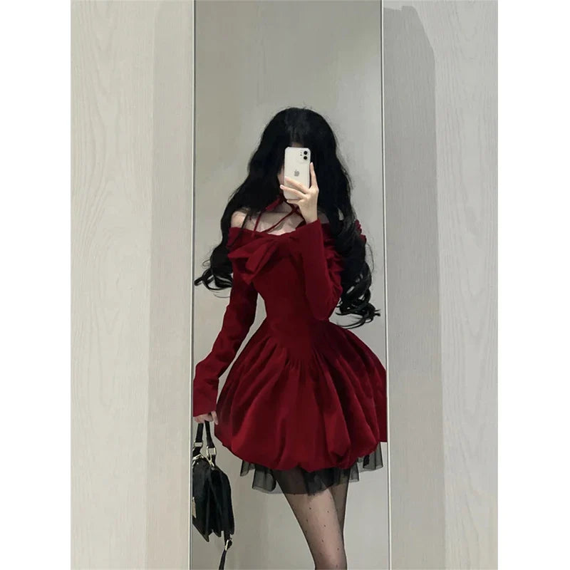 Cyflymder Vintage Bow Mini Dress Women Y2K Sexy Slash Neck Red Velvet Dresses Winter Kawaii Christmas Party Bodycon A Line Vestidos