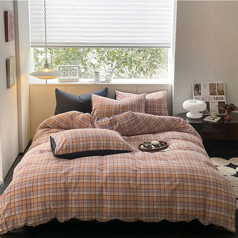 Cyflymder  Striped Gird Pure Cotton Bedding Set Skin-Friendly Non Fading Bed Linens for Home Dorm Single Double Quilt Sets for Four Seasons