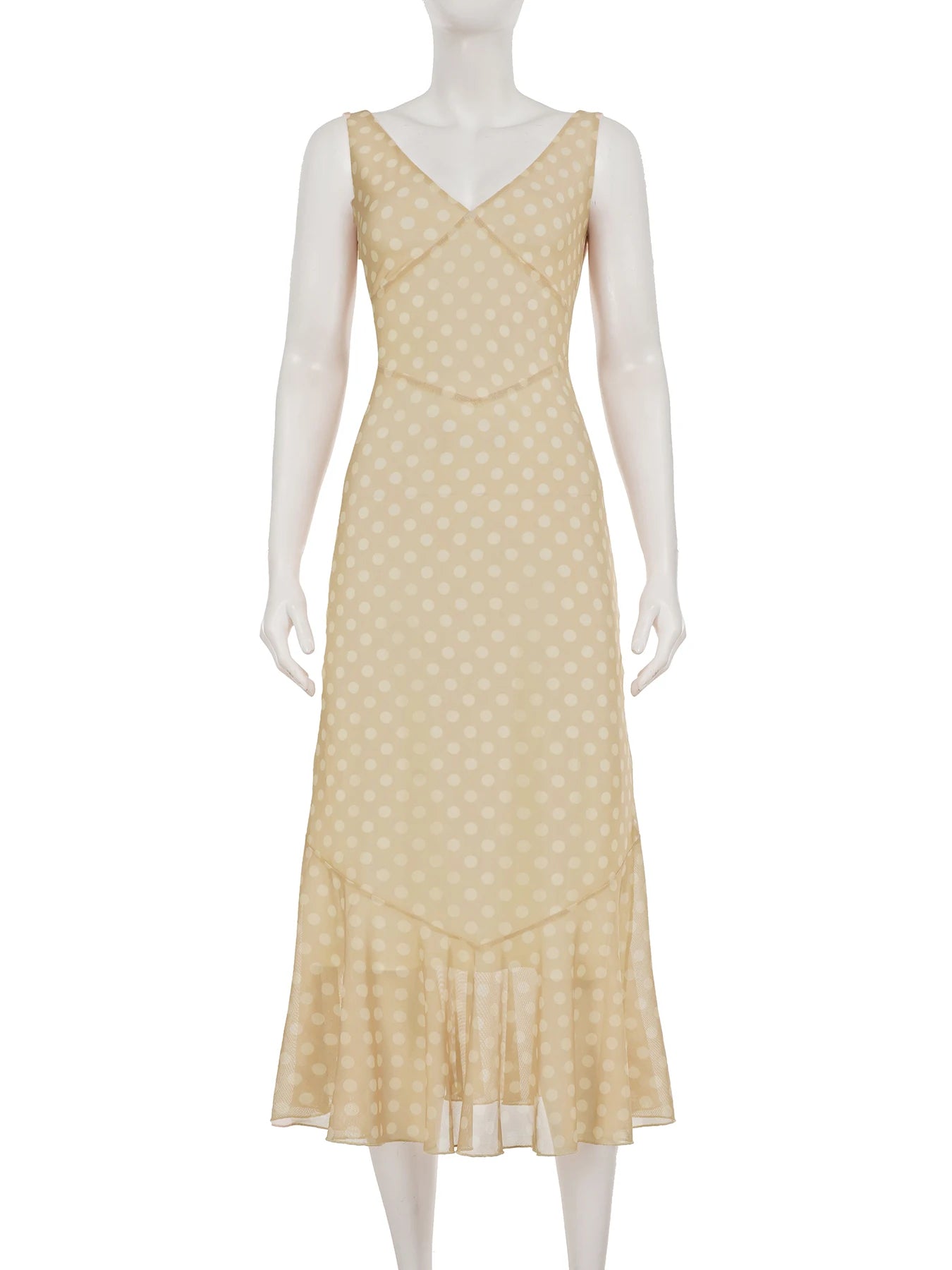 Cyflymder  Holiday Dot Printed Plaid Mesh Bodycon Dress See Through Deep V-Neck Sleeveless Midi Dresses For Women Summer Fashion