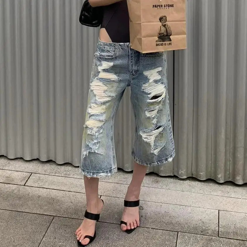 Cyflymder   Summer Capri Pants Women Washed Distressed Ripped American Vintage Street Style Straight Leg Loose Slim Mid Length Denim Pants