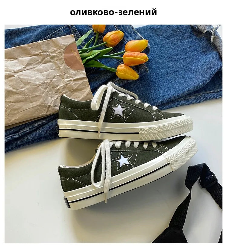 Cyflymder  Retro Star Canvas oes Women's Versatile Little Dir oes INS Skateboard oes Hong Kong Sle Ulzzang Trendy Student Whit...
