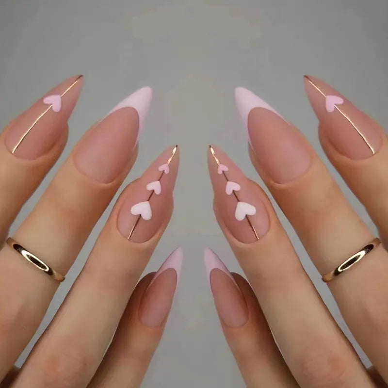 Cyflymder 24Pcs Round Head Fake Nails with French Design Long Almond Pink Love False Nail Tips Wearable Acrylic Full Cover Press on Nails