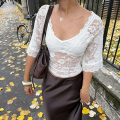 Cyflymder  New Euramerican Summer Spliced Lace Fake Two Piece Y2k V Neck Half Sleeve See-throught Women Shirts Harajuku Temperament Tops