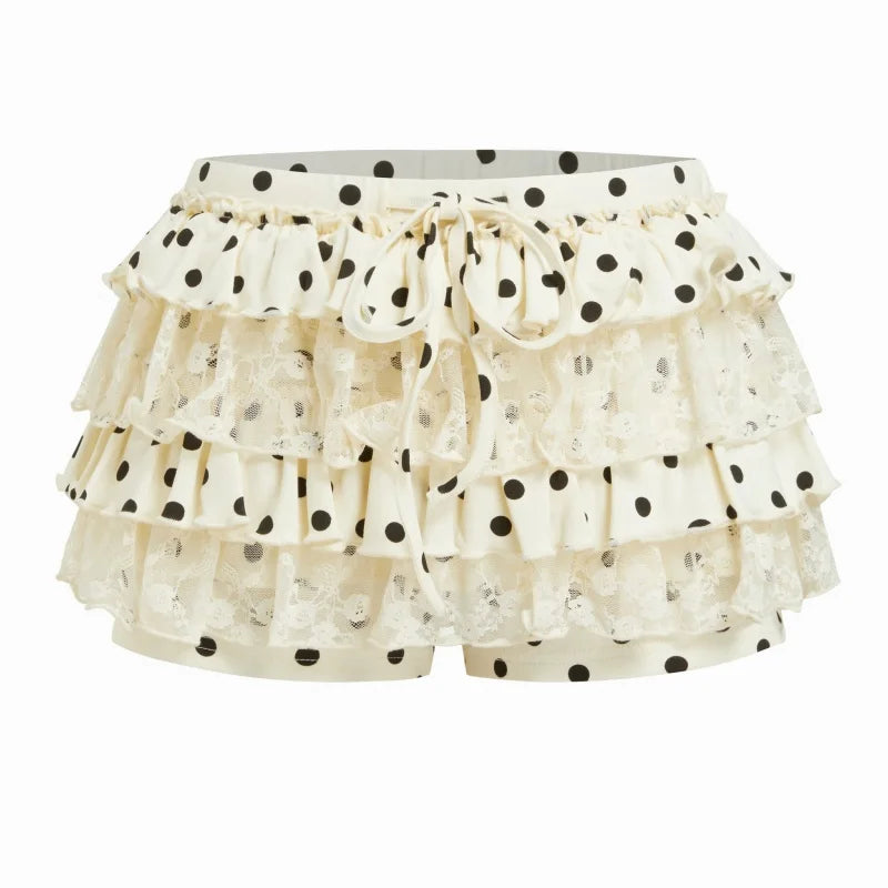 Cyflymder  Women's Y2K Lace Ruffle Bloomers Short Polka Dots Drawstring Tiered Layered Micro Shorts Elastic Waist A-Line Cute Skorts